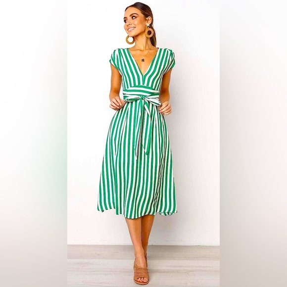 slim fit dress slacks Green Striped Shirred Drop Waist Amanda Midi Dress main image 0